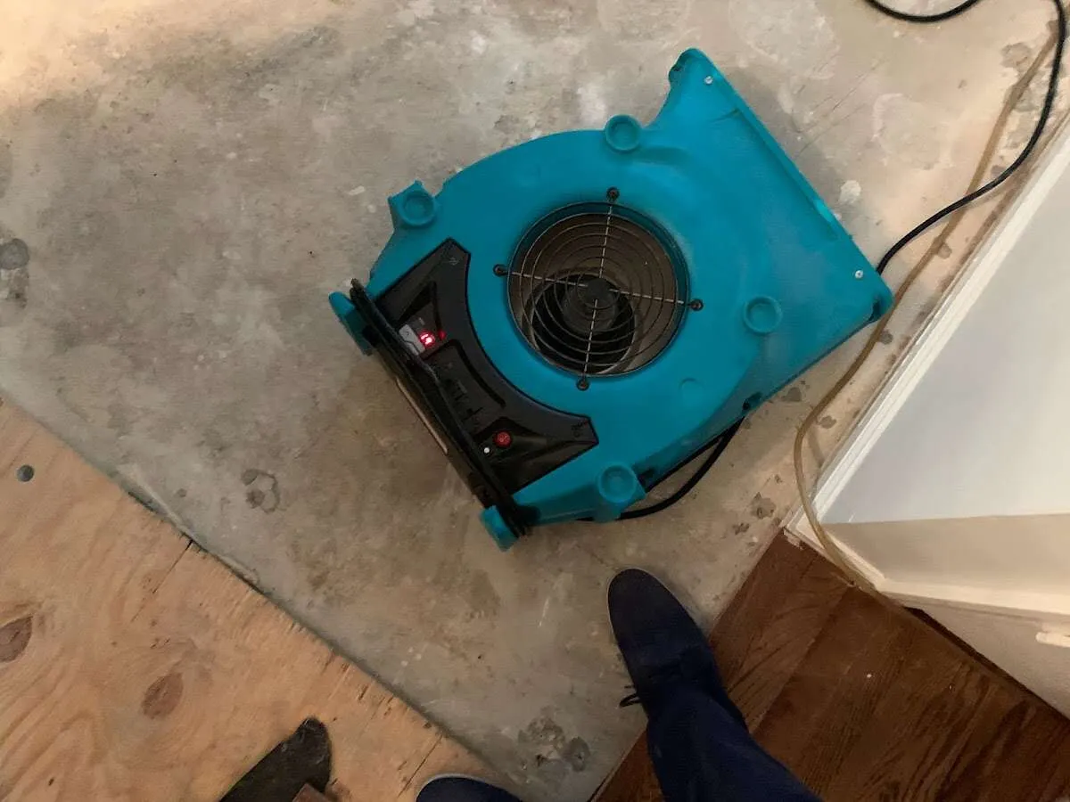 Air mover drying subfloor during Leak Detection & Repair in Sappington